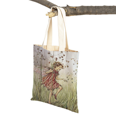 Mindkettő nyomtatott rajzfilm viráglány bevásárlótáska nőknek, gyerekeknek, újrafelhasználható, alkalmi mese Világ Elves vászon váll kézitáska