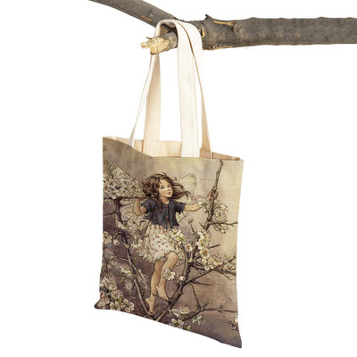 Mindkettő nyomtatott rajzfilm viráglány bevásárlótáska nőknek, gyerekeknek, újrafelhasználható, alkalmi mese Világ Elves vászon váll kézitáska