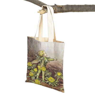 Mindkettő nyomtatott rajzfilm viráglány bevásárlótáska nőknek, gyerekeknek, újrafelhasználható, alkalmi mese Világ Elves vászon váll kézitáska