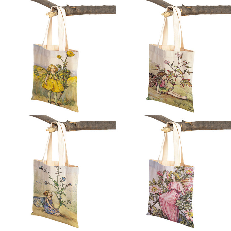 Mindkettő nyomtatott rajzfilm viráglány bevásárlótáska nőknek, gyerekeknek, újrafelhasználható, alkalmi mese Világ Elves vászon váll kézitáska