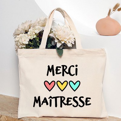 Ευχαριστώ Δάσκαλε Γαλλική εκτύπωση Γυναικεία τσάντα ώμου Καμβά Τσάντες αγορών Γυναικείες τσάντες επαναχρησιμοποιήσιμες τσάντες τσάντας Καλύτερα δώρα για Maitresse