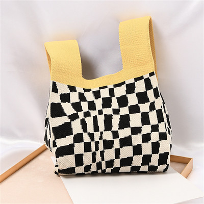 Πλεκτή τσάντα καρπού Γυναικεία τσάντα Boho Casual τσάντα ώμου Μίνι καρό τσάντα καρπού με κόμπους γυναικεία επαναχρησιμοποιήσιμες τσάντες αγορών Υφαντή τσάντα