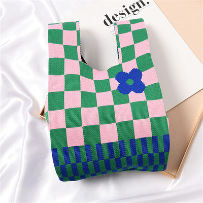 Πλεκτή τσάντα καρπού Γυναικεία τσάντα Boho Casual τσάντα ώμου Μίνι καρό τσάντα καρπού με κόμπους γυναικεία επαναχρησιμοποιήσιμες τσάντες αγορών Υφαντή τσάντα