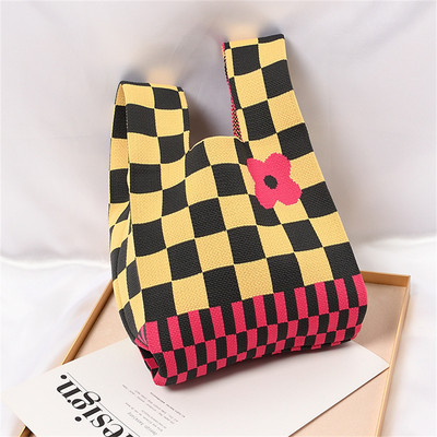 Πλεκτή τσάντα καρπού Γυναικεία τσάντα Boho Casual τσάντα ώμου Μίνι καρό τσάντα καρπού με κόμπους γυναικεία επαναχρησιμοποιήσιμες τσάντες αγορών Υφαντή τσάντα