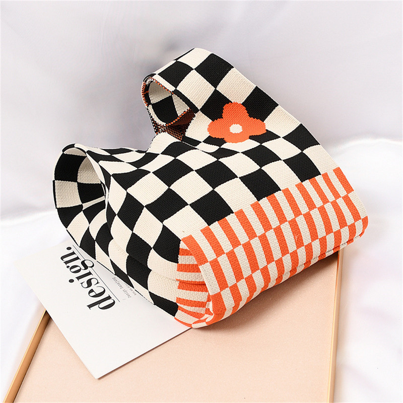 Geantă tricotată pentru încheietura mâinii, geantă Boho pentru femei, geantă de umăr ocazională, mini geantă de mână cu nod în carouri, genți de cumpărături reutilizabile pentru femei.