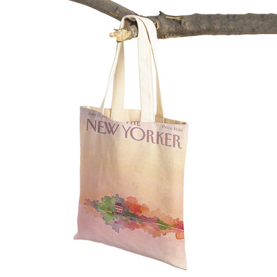 Nordic The New Yorker City Magazine Genți de cumpărături pentru femei, cu imprimeu dublu, geantă casual pentru cumpărături, tote din pânză, geantă de călătorie cu frunze