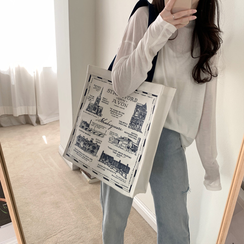 Moteriškas drobinis pečių krepšys Šekspyro spausdinimas Moterų kasdieninė rankinė Didelės talpos medvilninis daugkartinis pirkinių paplūdimio krepšys
