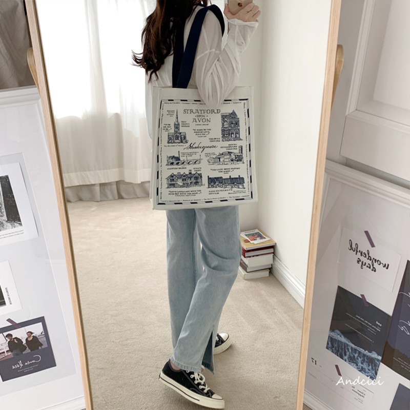 Moteriškas drobinis pečių krepšys Šekspyro spausdinimas Moterų kasdieninė rankinė Didelės talpos medvilninis daugkartinis pirkinių paplūdimio krepšys