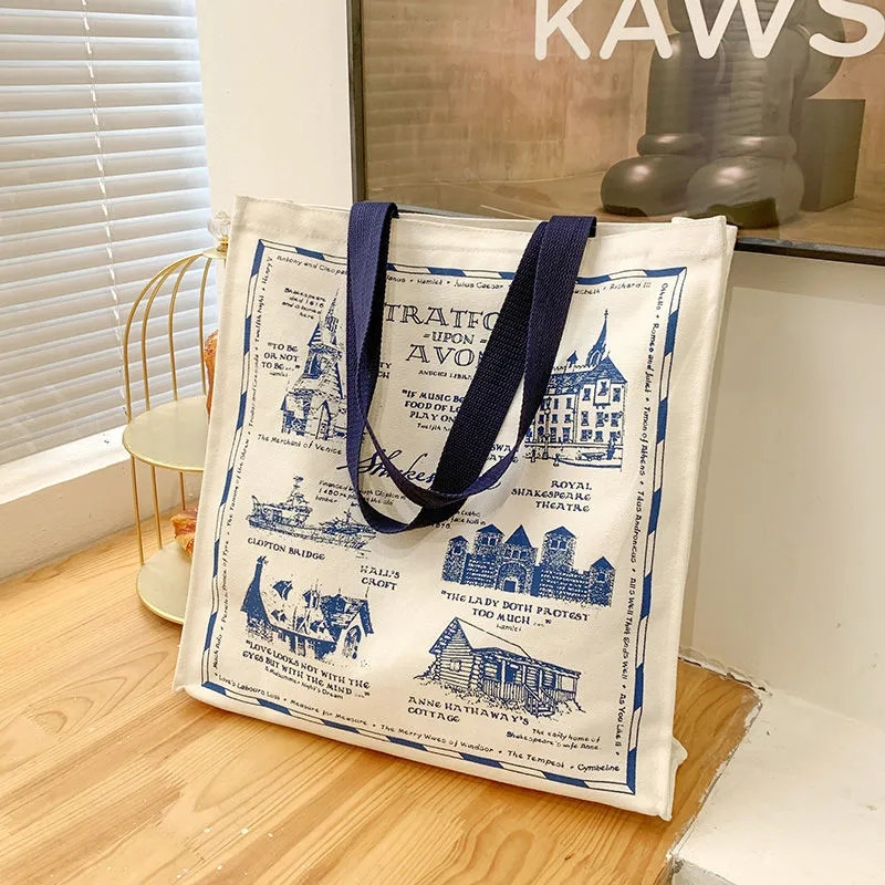 Moteriškas drobinis pečių krepšys Šekspyro spausdinimas Moterų kasdieninė rankinė Didelės talpos medvilninis daugkartinis pirkinių paplūdimio krepšys