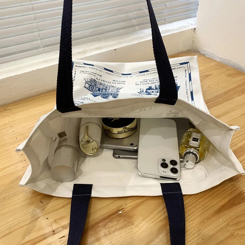 Moteriškas drobinis pečių krepšys Šekspyro spausdinimas Moterų kasdieninė rankinė Didelės talpos medvilninis daugkartinis pirkinių paplūdimio krepšys