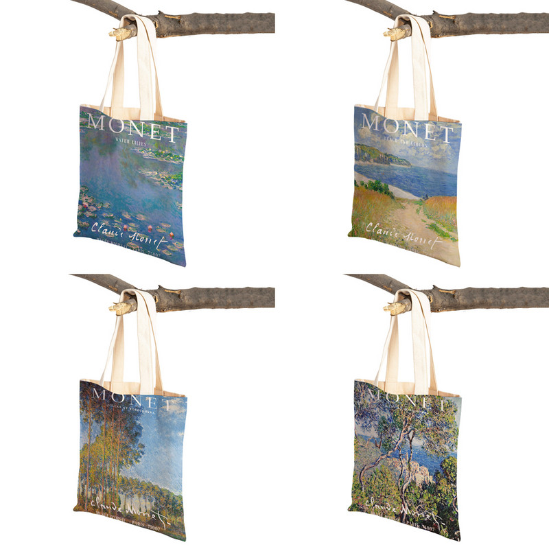 Monet Picasso Papagal Fluture Munte Geantă de cumpărături Dublu imprimeu Eco Casual Nordic Genți de cumpărături Lady Canvas Tote Genți de mână pentru femei