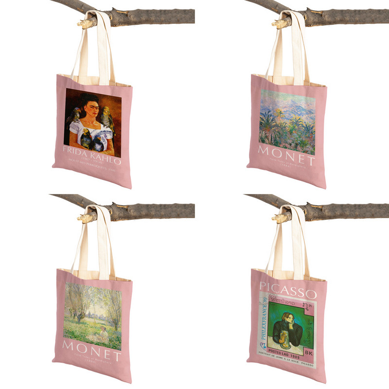Monet Picasso Papagal Fluture Munte Geantă de cumpărături Dublu imprimeu Eco Casual Nordic Genți de cumpărături Lady Canvas Tote Genți de mână pentru femei