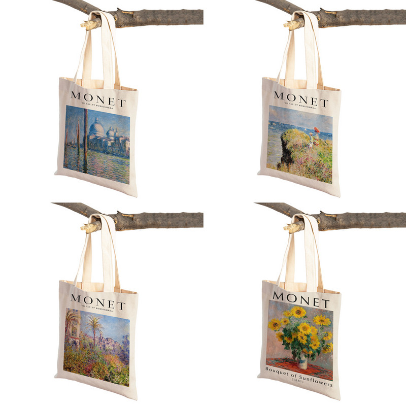 Monet Picasso Papagal Fluture Munte Geantă de cumpărături Dublu imprimeu Eco Casual Nordic Genți de cumpărături Lady Canvas Tote Genți de mână pentru femei