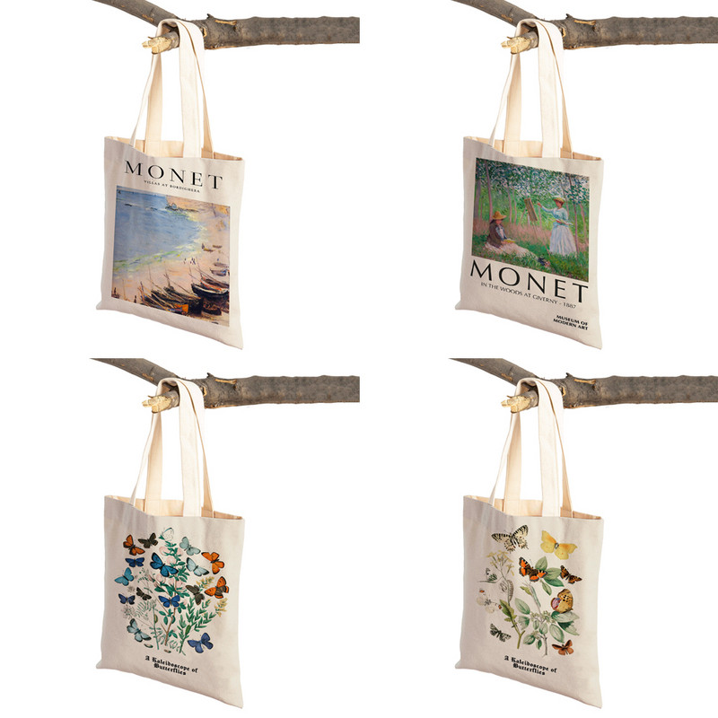 Monet Picasso Papagal Fluture Munte Geantă de cumpărături Dublu imprimeu Eco Casual Nordic Genți de cumpărături Lady Canvas Tote Genți de mână pentru femei