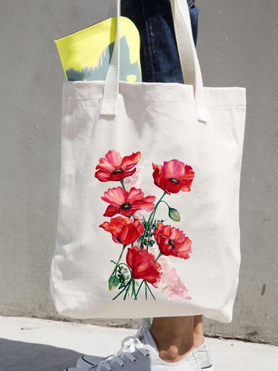 Дамски щампи Shopper Ежедневни дамски чанти за пазаруване Женска мода през рамо в стил 90-те Цветя и цветя за момичета Графична платнена чанта