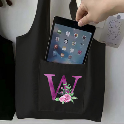 Moteriškas juodas pirkinių krepšys laisvalaikio didelės talpos violetinės raidės pradinis vardo raštas spausdintas drobinis pečių krepšys, daugkartinis