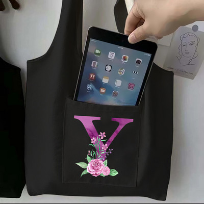 Moteriškas juodas pirkinių krepšys laisvalaikio didelės talpos violetinės raidės pradinis vardo raštas spausdintas drobinis pečių krepšys, daugkartinis