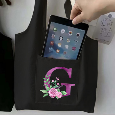 Moteriškas juodas pirkinių krepšys laisvalaikio didelės talpos violetinės raidės pradinis vardo raštas spausdintas drobinis pečių krepšys, daugkartinis