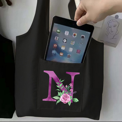 Moteriškas juodas pirkinių krepšys laisvalaikio didelės talpos violetinės raidės pradinis vardo raštas spausdintas drobinis pečių krepšys, daugkartinis