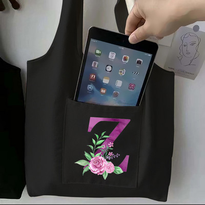 Moteriškas juodas pirkinių krepšys laisvalaikio didelės talpos violetinės raidės pradinis vardo raštas spausdintas drobinis pečių krepšys, daugkartinis