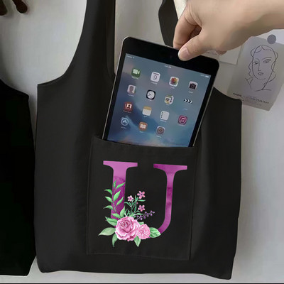 Moteriškas juodas pirkinių krepšys laisvalaikio didelės talpos violetinės raidės pradinis vardo raštas spausdintas drobinis pečių krepšys, daugkartinis