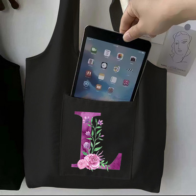 Moteriškas juodas pirkinių krepšys laisvalaikio didelės talpos violetinės raidės pradinis vardo raštas spausdintas drobinis pečių krepšys, daugkartinis