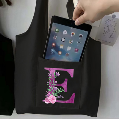 Moteriškas juodas pirkinių krepšys laisvalaikio didelės talpos violetinės raidės pradinis vardo raštas spausdintas drobinis pečių krepšys, daugkartinis