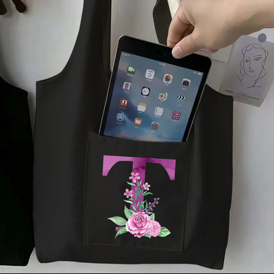 Moteriškas juodas pirkinių krepšys laisvalaikio didelės talpos violetinės raidės pradinis vardo raštas spausdintas drobinis pečių krepšys, daugkartinis