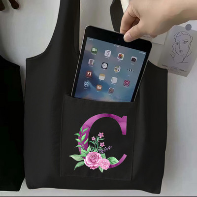 Moteriškas juodas pirkinių krepšys laisvalaikio didelės talpos violetinės raidės pradinis vardo raštas spausdintas drobinis pečių krepšys, daugkartinis