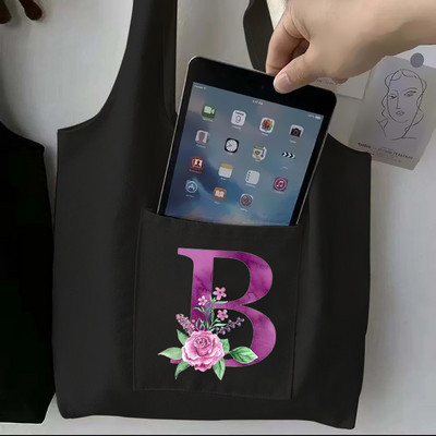 Moteriškas juodas pirkinių krepšys laisvalaikio didelės talpos violetinės raidės pradinis vardo raštas spausdintas drobinis pečių krepšys, daugkartinis