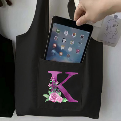 Moteriškas juodas pirkinių krepšys laisvalaikio didelės talpos violetinės raidės pradinis vardo raštas spausdintas drobinis pečių krepšys, daugkartinis