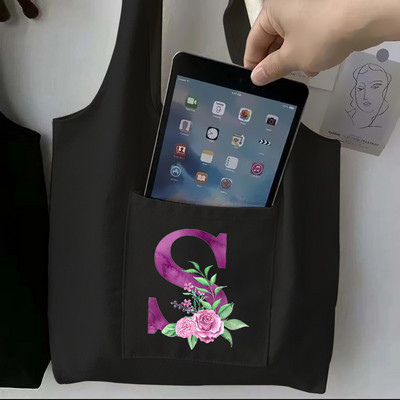 Moteriškas juodas pirkinių krepšys laisvalaikio didelės talpos violetinės raidės pradinis vardo raštas spausdintas drobinis pečių krepšys, daugkartinis