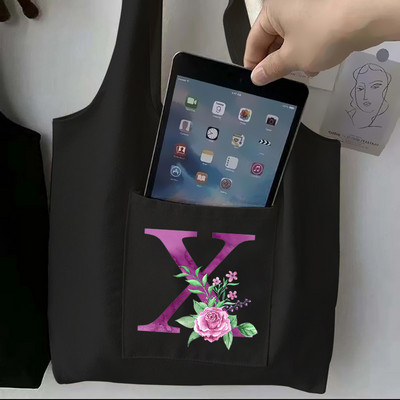 Moteriškas juodas pirkinių krepšys laisvalaikio didelės talpos violetinės raidės pradinis vardo raštas spausdintas drobinis pečių krepšys, daugkartinis