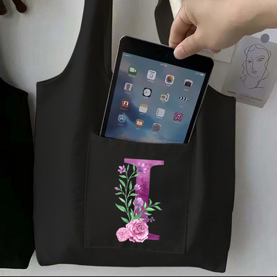 Moteriškas juodas pirkinių krepšys laisvalaikio didelės talpos violetinės raidės pradinis vardo raštas spausdintas drobinis pečių krepšys, daugkartinis