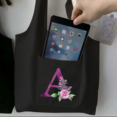 Moteriškas juodas pirkinių krepšys laisvalaikio didelės talpos violetinės raidės pradinis vardo raštas spausdintas drobinis pečių krepšys, daugkartinis