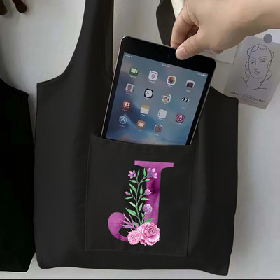 Moteriškas juodas pirkinių krepšys laisvalaikio didelės talpos violetinės raidės pradinis vardo raštas spausdintas drobinis pečių krepšys, daugkartinis