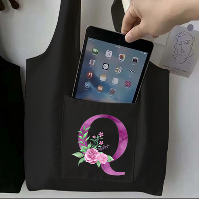 Moteriškas juodas pirkinių krepšys laisvalaikio didelės talpos violetinės raidės pradinis vardo raštas spausdintas drobinis pečių krepšys, daugkartinis