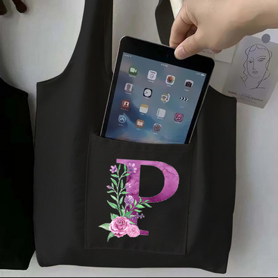 Moteriškas juodas pirkinių krepšys laisvalaikio didelės talpos violetinės raidės pradinis vardo raštas spausdintas drobinis pečių krepšys, daugkartinis