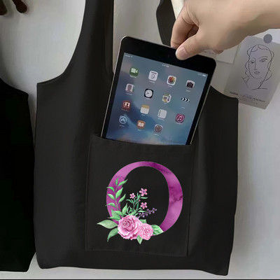 Moteriškas juodas pirkinių krepšys laisvalaikio didelės talpos violetinės raidės pradinis vardo raštas spausdintas drobinis pečių krepšys, daugkartinis