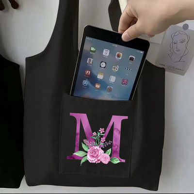 Moteriškas juodas pirkinių krepšys laisvalaikio didelės talpos violetinės raidės pradinis vardo raštas spausdintas drobinis pečių krepšys, daugkartinis