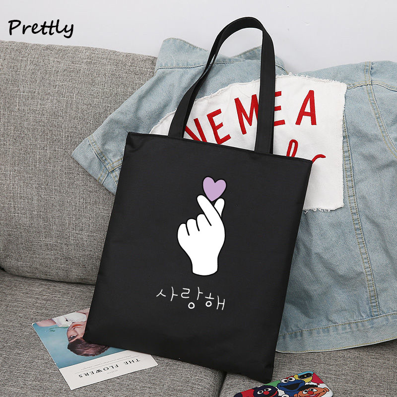 Saranghae kórejské prstové kabelky cez rameno Kpop Love K-pop Kdrama plátená taška Veľké študentské školské tašky Dámske nákupné tašky