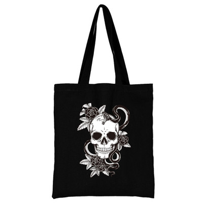 Bevásárlótáska, nő, fekete vászon hordtáska, kézi alkalmi, újrafelhasználható fehér mintás válltáska, nagy kapacitású összecsukható kézitáska