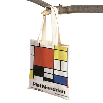 Piet Mondrian Geometric Line Color Block Dupla nyomtatású bevásárlótáska Női vásárlótáskák Női vászon tote Újrahasználható utazási kézitáska