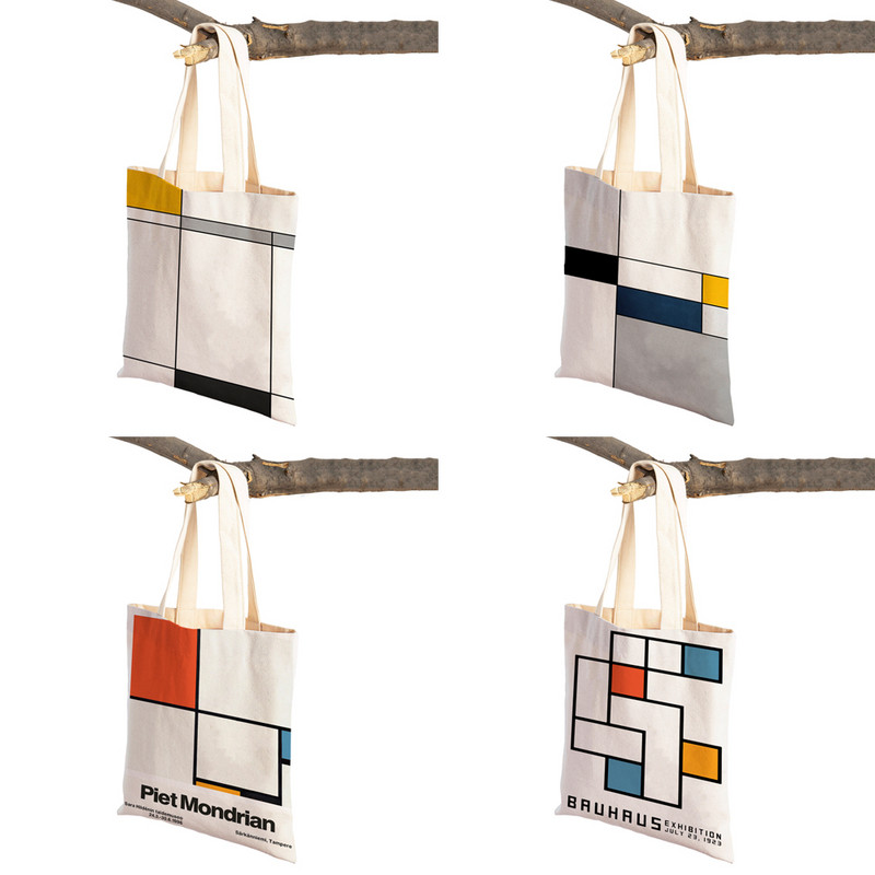 Piet Mondrian Geometric Line Color Block Διπλή εκτύπωση Τσάντα αγορών Γυναικείες τσάντες αγορών Lady Canvas Tote Επαναχρησιμοποιήσιμη τσάντα ταξιδιού