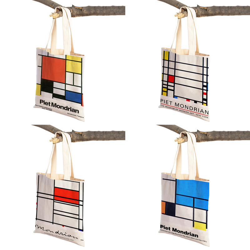 Piet Mondrian Geometric Line Color Block Διπλή εκτύπωση Τσάντα αγορών Γυναικείες τσάντες αγορών Lady Canvas Tote Επαναχρησιμοποιήσιμη τσάντα ταξιδιού