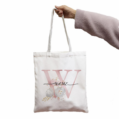 KREPŠELIS Rožinės gėlių raidės Individualizuotas pavadinimas „Pasidaryk pats“ pirkinių krepšys Spausdinti moterų krepšelis, baltas, moteriškas, mados pirkėjo pečių krepšys.