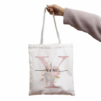 KREPŠELIS Rožinės gėlių raidės Individualizuotas pavadinimas „Pasidaryk pats“ pirkinių krepšys Spausdinti moterų krepšelis, baltas, moteriškas, mados pirkėjo pečių krepšys.