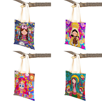 Γυναικεία τσάντα αγορών Cartoon Virgin Mary Handbag Πτυσσόμενη επαναχρησιμοποιήσιμη υφάσματα Shopper Tote φοιτητικής καμβάς στυλ Harajuku