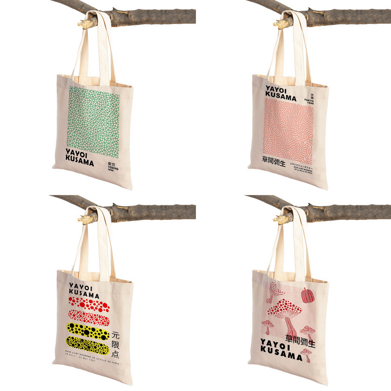 Yayoi Kusama mākslas iepirkumu soma sievietēm abpusēji japāņu abstrakti ikdienas pircēju somas Sieviešu audekla tote ceļojumu rokassomiņa