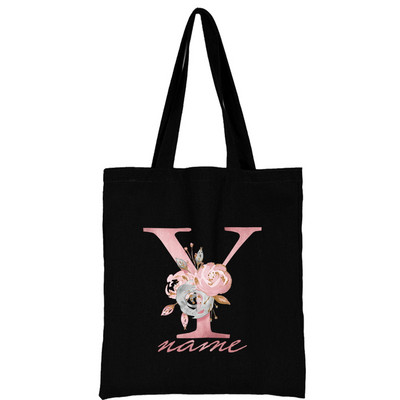 Női vászon válltáska Rózsaszín virágos levél személyre szabott név Kézitáska Női Alkalmi hordtáska Nagy kapacitású újrafelhasználható bevásárlótáska